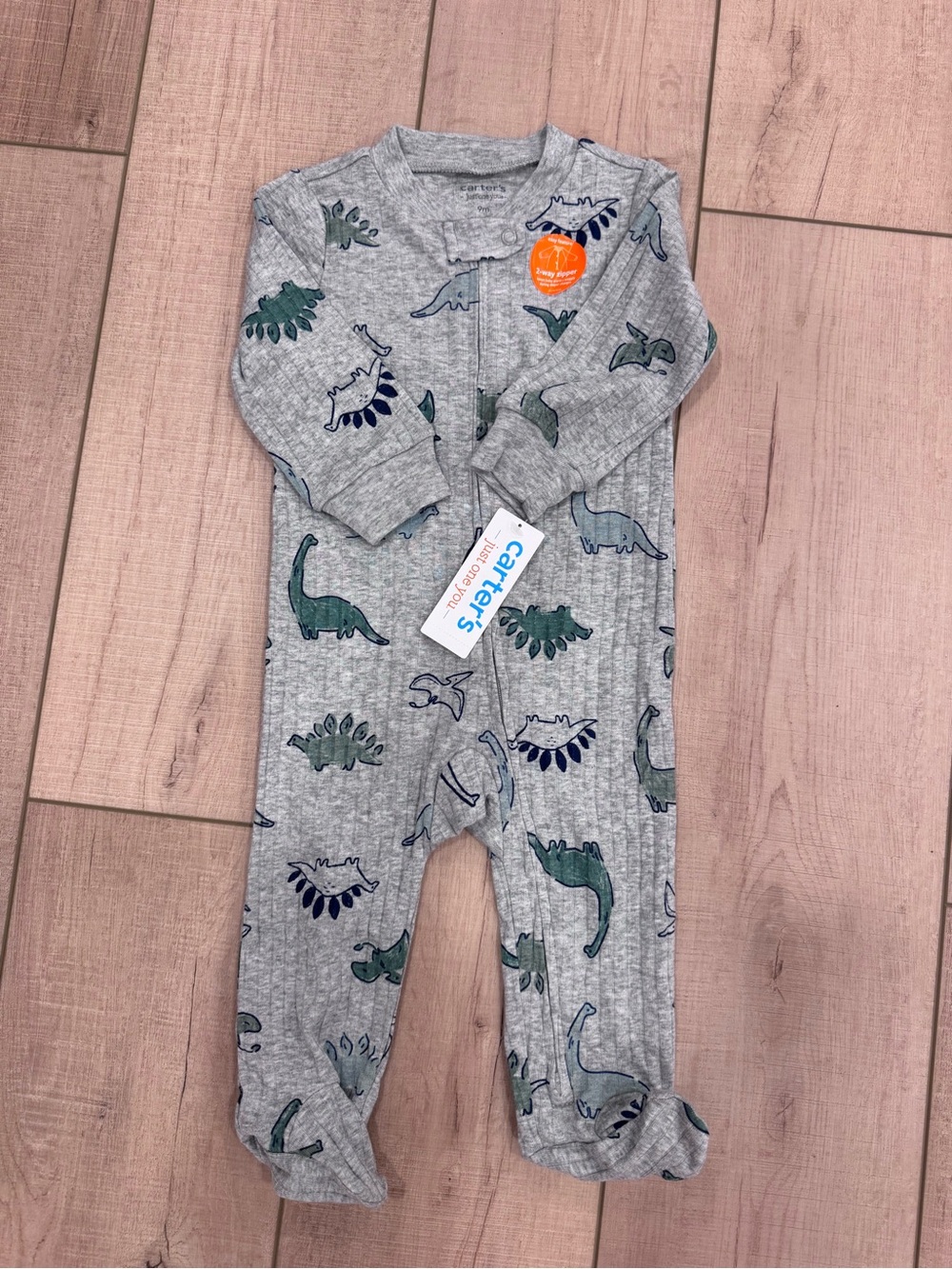 Carter's Gray Ribbed Dino Footed One-Piece with Green & Navy Dinosaurs